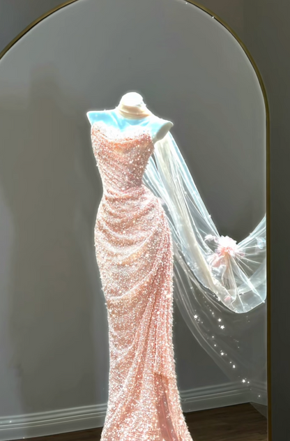 Elegant Sweetheart Sheath Beaded Tulle Long Evening Dress Pink Prom Dress ED07947