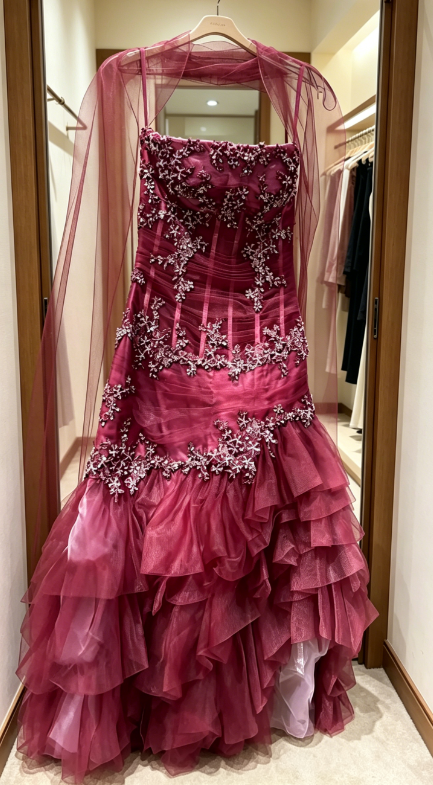 Elegant Spaghetti Straps A-Line Beaded Tulle Long Evening Dress Burgundy Prom Dress ED07948