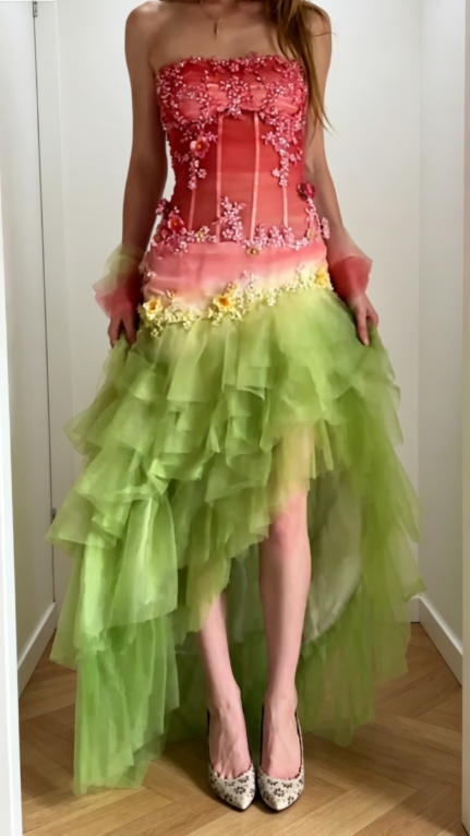 Elegant Strapless Sheath Beaded Tulle Long Evening Dress Hot Pink Prom Dress ED07950