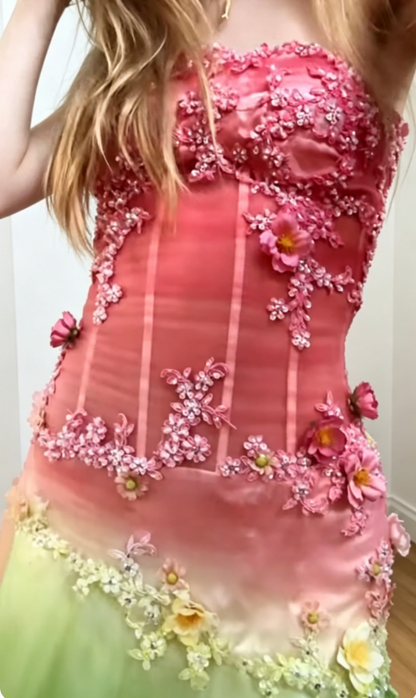 Élégante Robe Fourreau sans Bretelles avec Perles en Tulle, Longue Robe de Soirée Rose Vif pour Bal de Promo ED07950