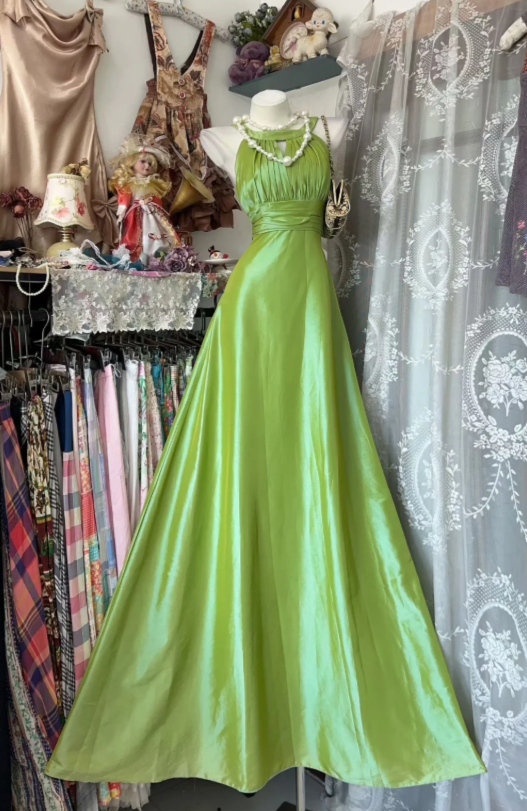 Elegant Halter A-Line Satin Long Evening Dress Green Prom Dress ED07952