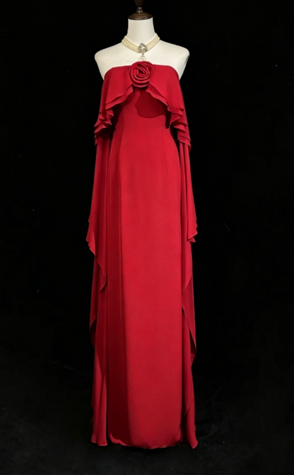 Élégante robe longue de soirée en mousseline fourreau sans bretelles, robe de bal bordeaux ED07953