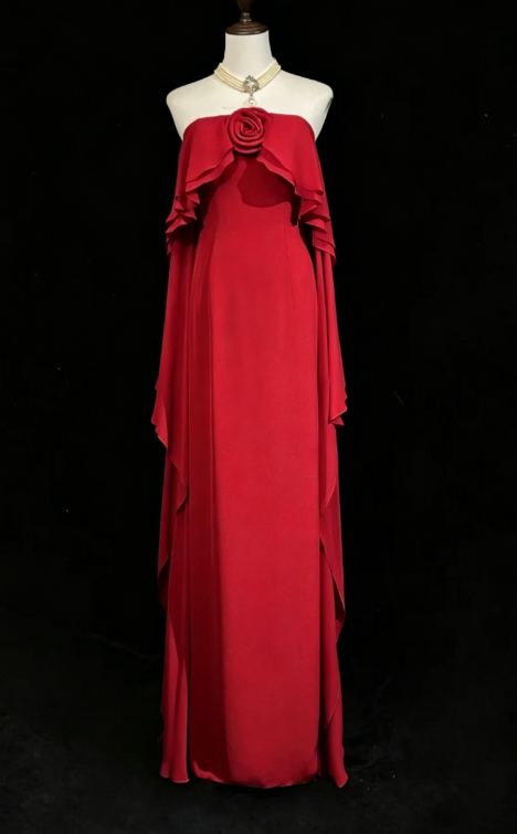 Elegant Strapless Sheath Chiffon Long Evening Dress Burgundy Prom Dress ED07953