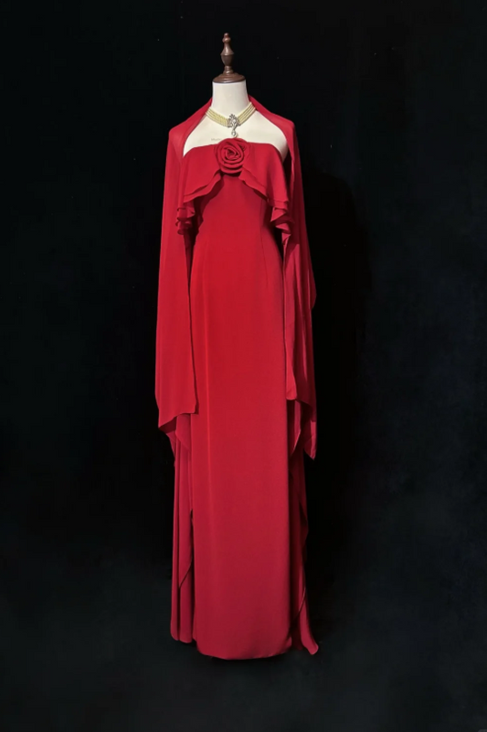 Elegant Strapless Sheath Chiffon Long Evening Dress Burgundy Prom Dress ED07953