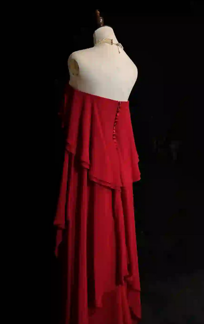 Élégante robe longue de soirée en mousseline fourreau sans bretelles, robe de bal bordeaux ED07953