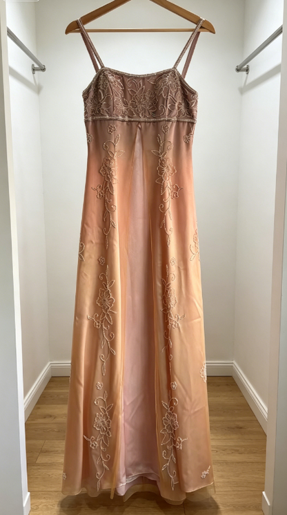 Elegant Spaghetti Straps Sheath Beaded Satin Long Evening Dress Pink Prom Dress ED07955