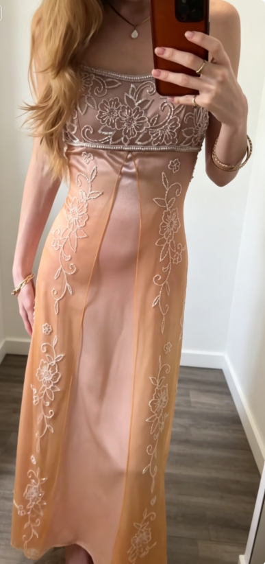 Elegant Spaghetti Straps Sheath Beaded Satin Long Evening Dress Pink Prom Dress ED07955