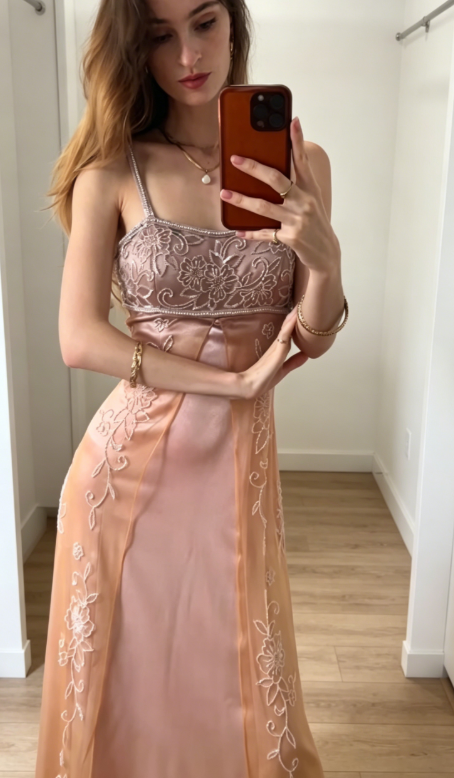 Elegant Spaghetti Straps Sheath Beaded Satin Long Evening Dress Pink Prom Dress ED07955