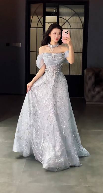 Elegant Off-shoulder A-Line Tulle Beaded Long Evening Dress Dusty Blue Prom Dress ED07958
