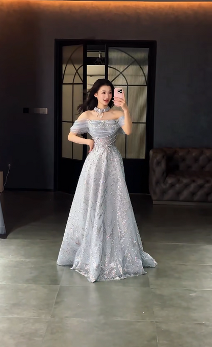 Elegant Off-shoulder A-Line Tulle Beaded Long Evening Dress Dusty Blue Prom Dress ED07958