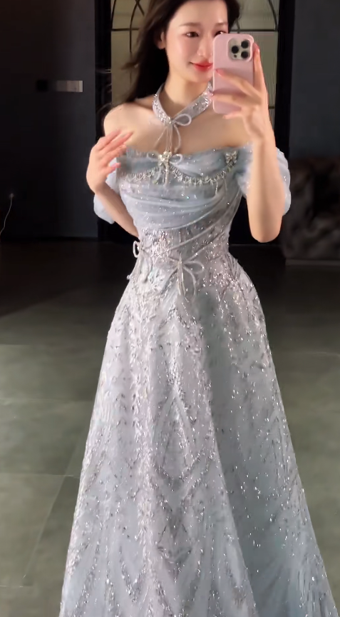 Elegant Off-shoulder A-Line Tulle Beaded Long Evening Dress Dusty Blue Prom Dress ED07958