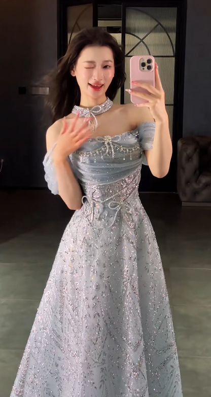 Elegant Off-shoulder A-Line Tulle Beaded Long Evening Dress Dusty Blue Prom Dress ED07958