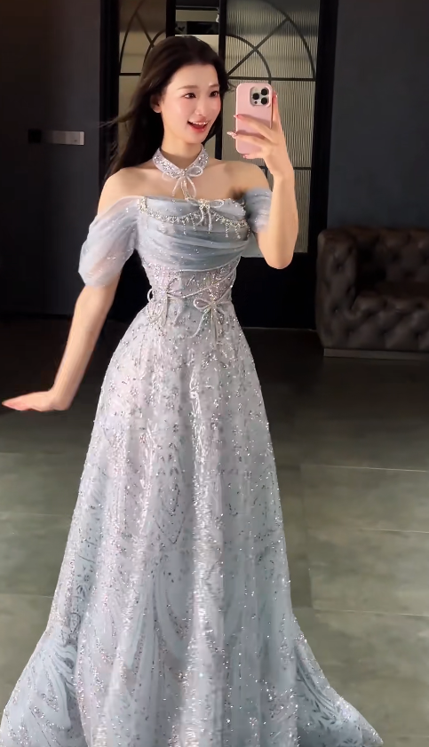 Elegant Off-shoulder A-Line Tulle Beaded Long Evening Dress Dusty Blue Prom Dress ED07958