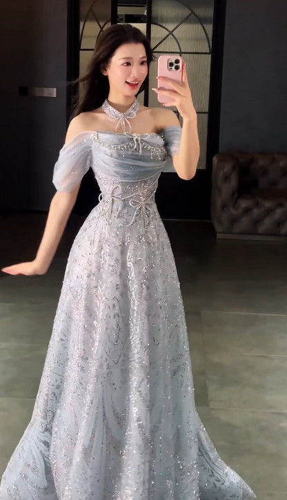 Elegant Off-shoulder A-Line Tulle Beaded Long Evening Dress Dusty Blue Prom Dress ED07958