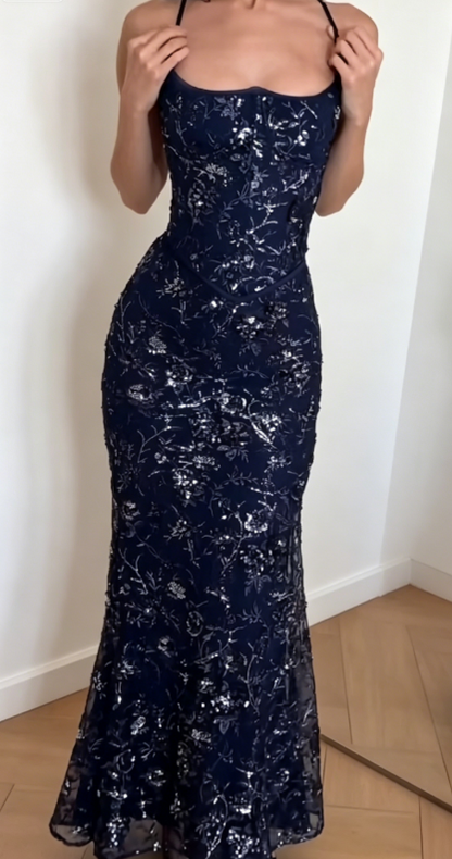 Robe de soirée longue fourreau en tulle à bretelles spaghetti élégantes, ornée de paillettes, bleu marine, robe de bal ED07959