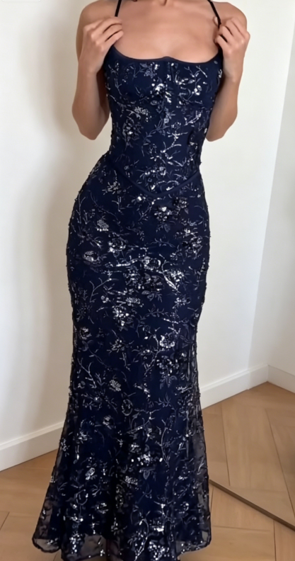 Elegant Spaghetti Straps Sheath Tulle Sequins Long Evening Dress Navy Blue Prom Dress ED07959