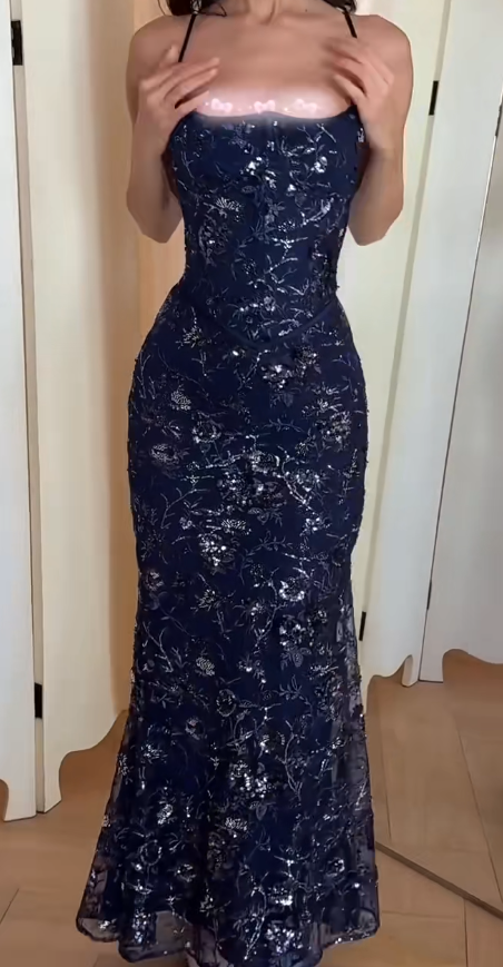 Elegant Spaghetti Straps Sheath Tulle Sequins Long Evening Dress Navy Blue Prom Dress ED07959