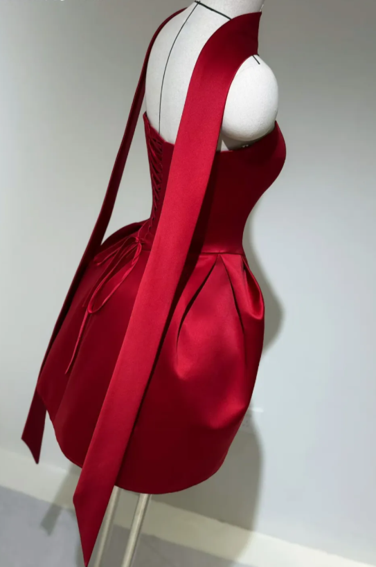 Robe d'anniversaire élégante bustier en satin fourreau robe de soirée de remise des diplômes robe de bal courte bordeaux ED07962