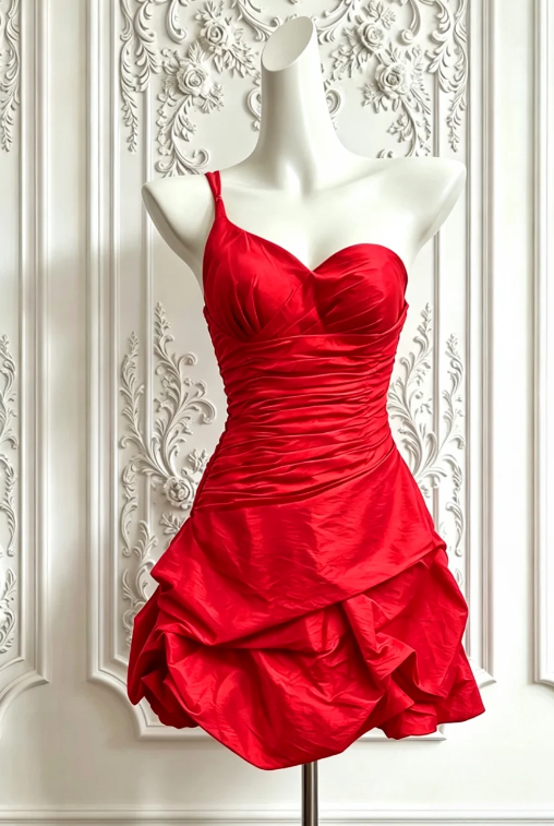 Fashion One-shoulder Birthday Dress A-Line Satin Graduation Party Dress Red Short Prom Dress ED07964