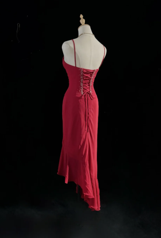 Vintage Spaghetti Straps Birthday Dress Sheath Chiffon Graduation Party Dress Burgundy Short Prom Dres ED07967