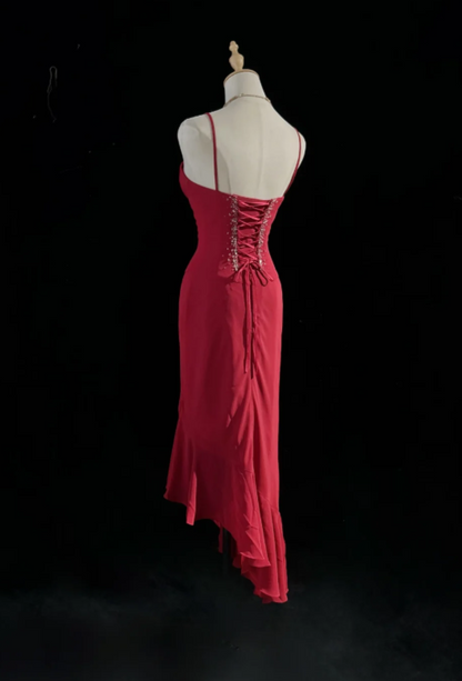 Vintage Spaghetti Straps Birthday Dress Sheath Chiffon Graduation Party Dress Burgundy Short Prom Dres ED07967