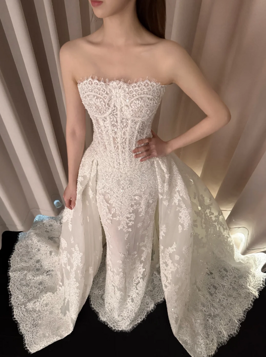 Timeless Strapless Sheath Wedding Dress Lace Bridal Gown White Bridal Dress ED07972