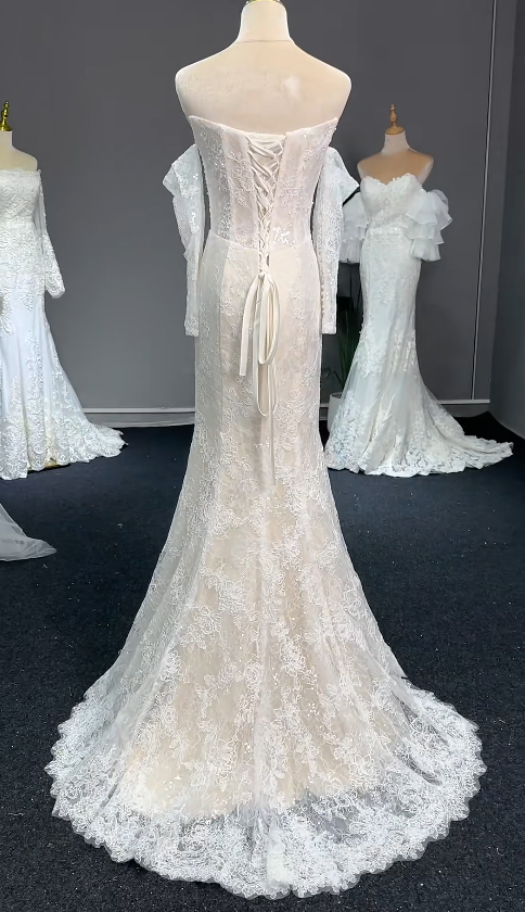 Robe de mariée sirène sans bretelles intemporelle en dentelle, robe de mariée blanche ED07973