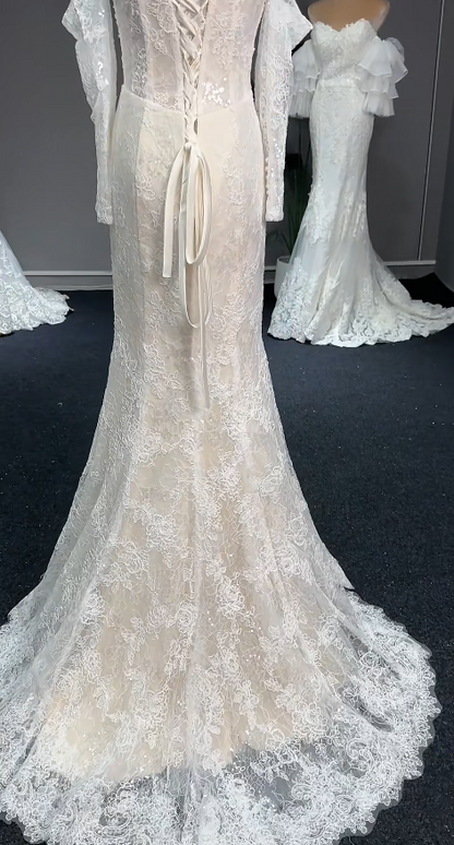 Robe de mariée sirène sans bretelles intemporelle en dentelle, robe de mariée blanche ED07973