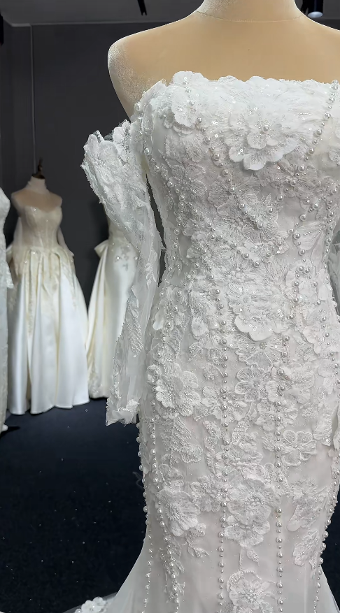 Robe de mariée sirène sans bretelles intemporelle en tulle avec appliques, robe de mariée blanche ED07975