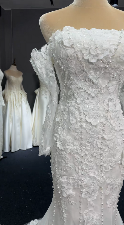 Robe de mariée sirène sans bretelles intemporelle en tulle avec appliques, robe de mariée blanche ED07975