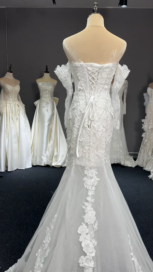 Robe de mariée sirène sans bretelles intemporelle en tulle avec appliques, robe de mariée blanche ED07975