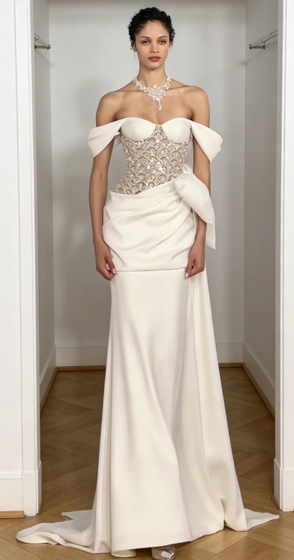 Timeless Off-shoulder Sheath Wedding Dress Chiffon Bridal Gown White Bridal Dress ED07977