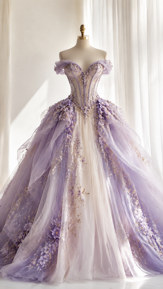 Robe de bal intemporelle à épaules dénudées pour Quinceanera, robe de soirée en tulle avec appliques, robe violette pour Sweet Sixteen ED07978