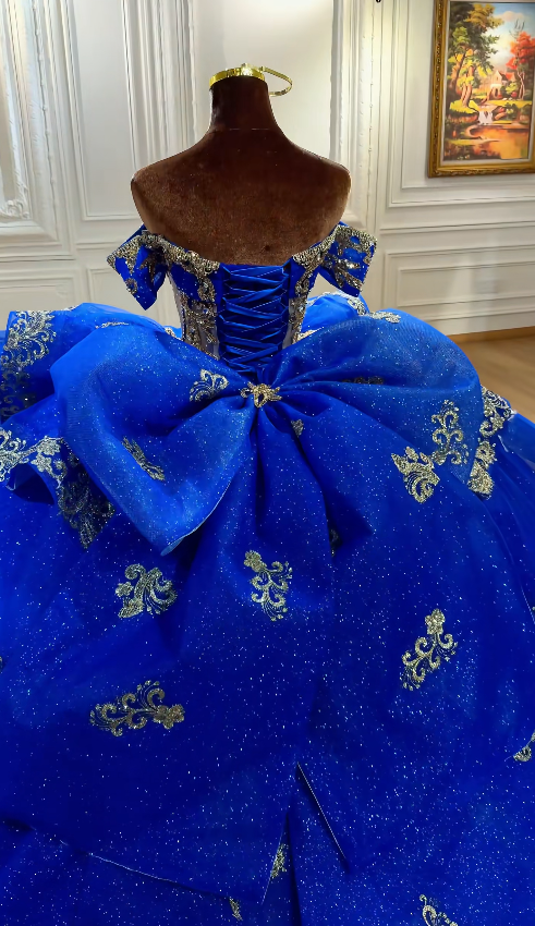 Robe de bal de Quinceañera intemporelle avec épaules dénudées, en tulle et appliques, robe de bal de promo, robe de soirée pour les 16 ans, bleu roi ED07978