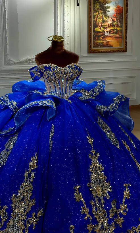 Robe de bal de Quinceañera intemporelle avec épaules dénudées, en tulle et appliques, robe de bal de promo, robe de soirée pour les 16 ans, bleu roi ED07978