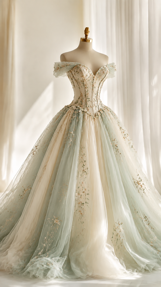 Robe de bal intemporelle Quinceañera épaules dénudées en tulle avec appliqués Robe de bal verte douce 16 ans ED07979