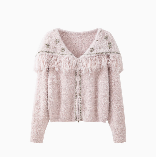 Süße glänzende Seidenquaste Langarm Reißverschluss Strickpullover Jacke ED0797