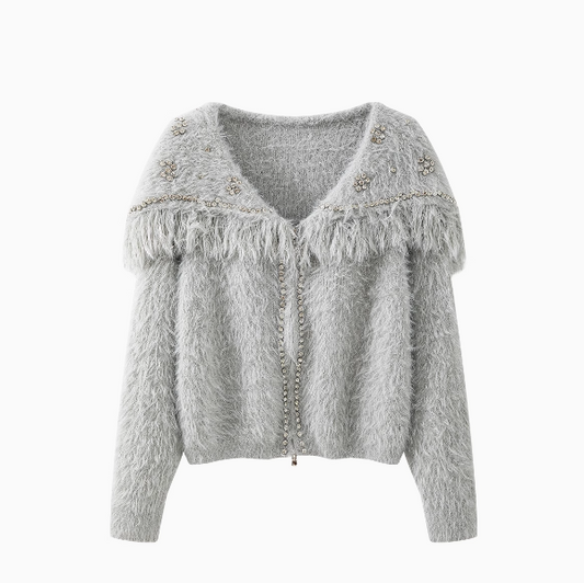 Süße glänzende Seidenquaste Langarm Reißverschluss Strickpullover Jacke ED0797