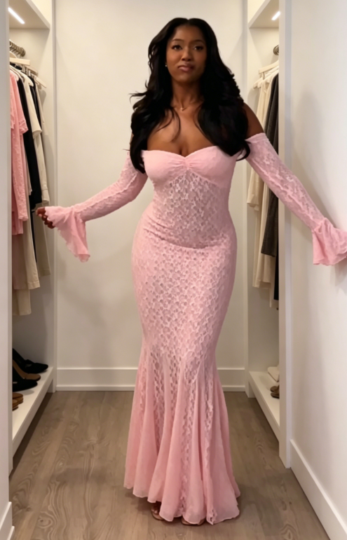 Fashion Off-shoulder Mermaid Lace Long Evening Dress Pink Prom Dress ED07982