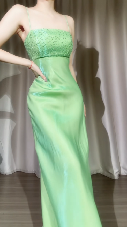 Chic Spaghetti Straps Sheath Satin Long Evening Dress Green Prom Dress ED07984