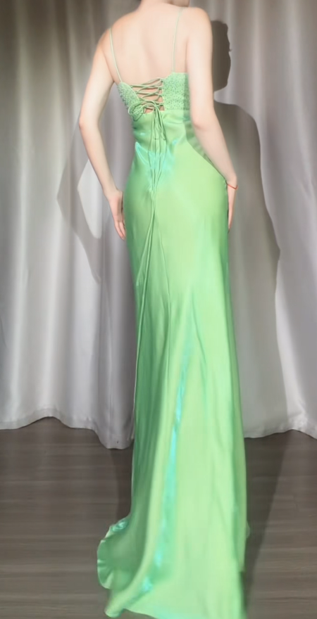 Chic Spaghetti Straps Sheath Satin Long Evening Dress Green Prom Dress ED07984