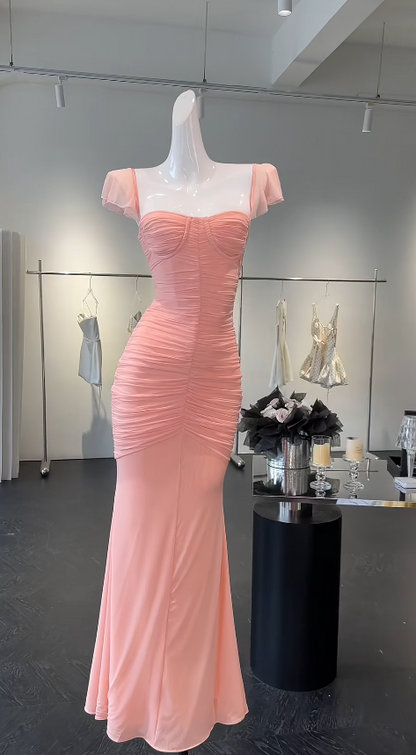 Chic Straps Sheath Chiffon Long Evening Dress Pink Prom Dress ED07985