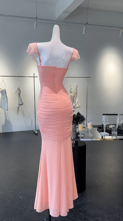 Chic Straps Sheath Chiffon Long Evening Dress Pink Prom Dress ED07985