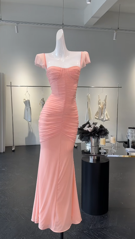 Chic Straps Sheath Chiffon Long Evening Dress Pink Prom Dress ED07985