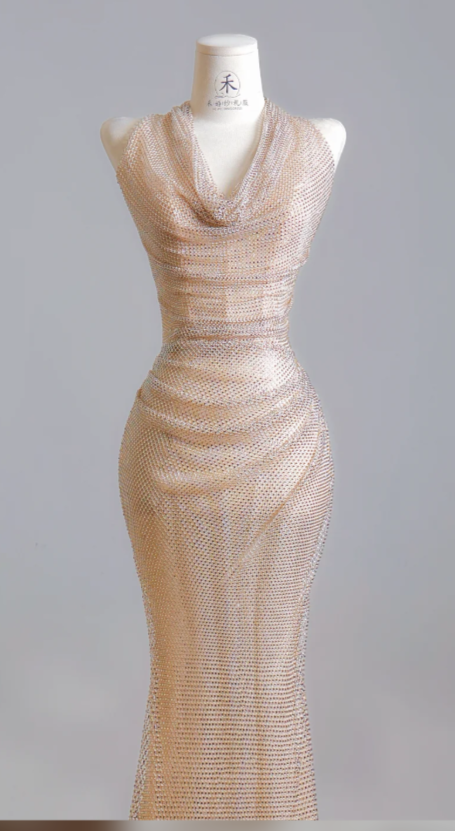 Robe de soirée longue fourreau en mousseline de soie à licou chic avec strass, robe de bal couleur champagne ED07987