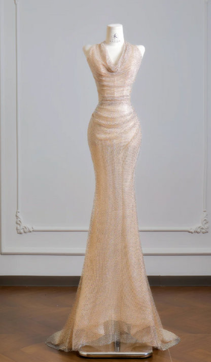 Robe de soirée longue fourreau en mousseline de soie à licou chic avec strass, robe de bal couleur champagne ED07987