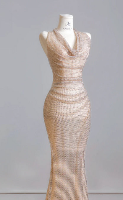 Robe de soirée longue fourreau en mousseline de soie à licou chic avec strass, robe de bal couleur champagne ED07987