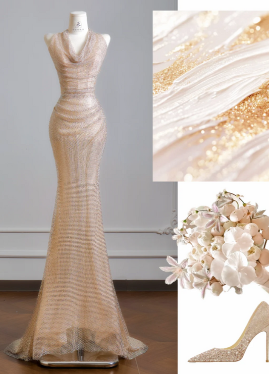 Chic Halter Sheath Chiffon Rhinstones Long Evening Dress Champagne Prom Dress ED07987