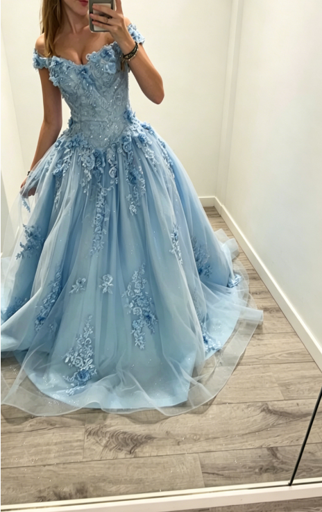 Chic Off-shoulder Sheath Tulle Appliques Long Evening Dress Blue Prom Dress ED07988