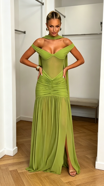 Schickes grünes Brautjungfernkleid schulterfrei Etui-Schnitt Chiffon langes Abendkleid ED07990